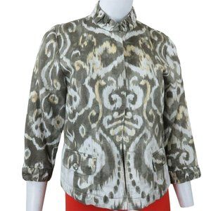 Chico's 1 Open Front Jacket Multicolor Linen Ruffle 3/4 Sleeve Pockets Size 8 M
